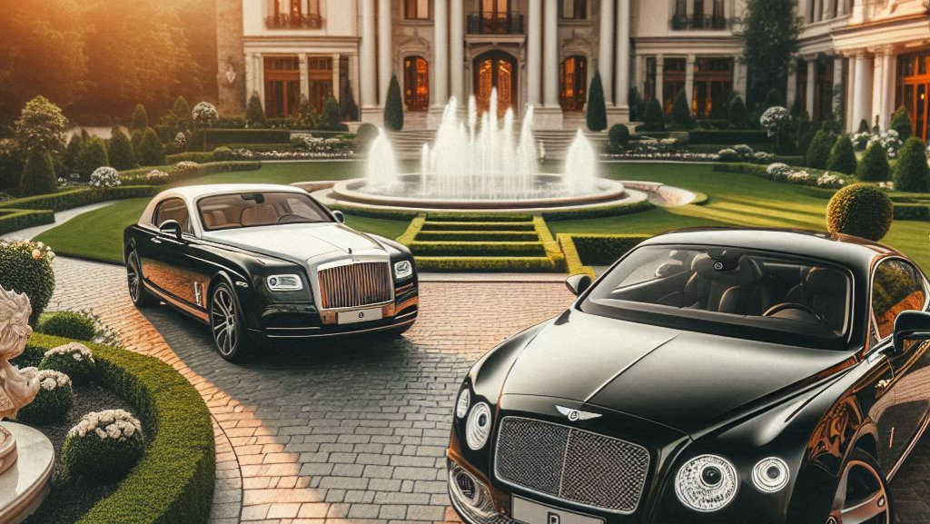 Rolls Royce and Bentley in front of mansion representing elite lifestyle