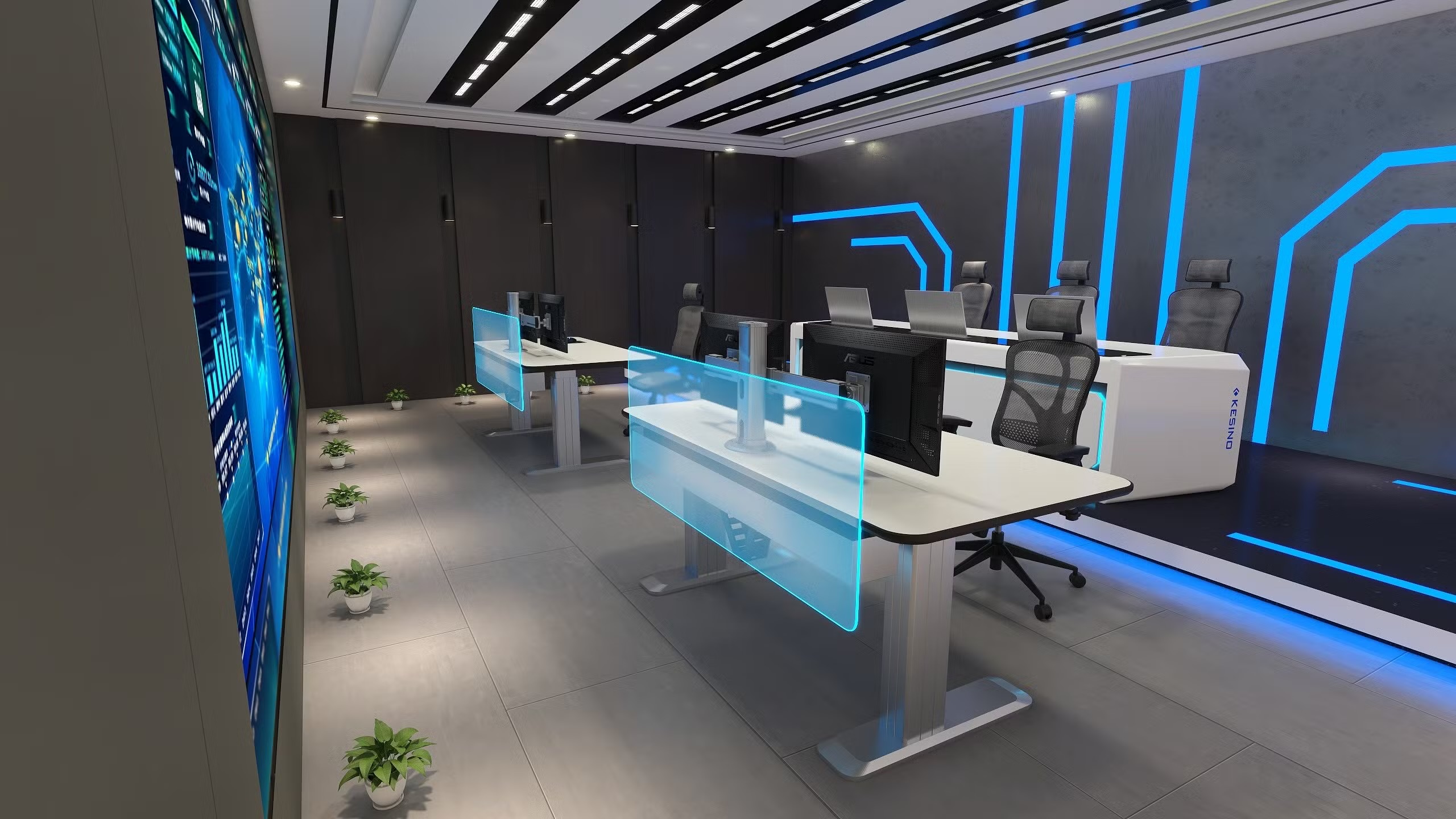 Luxury penthouse living room with smart city-facing glass display